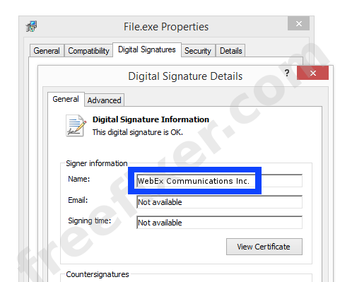 Screenshot of the WebEx Communications Inc. certificate